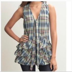 Banana Republic madras plaid sleeveless ruffle tunic top size XS